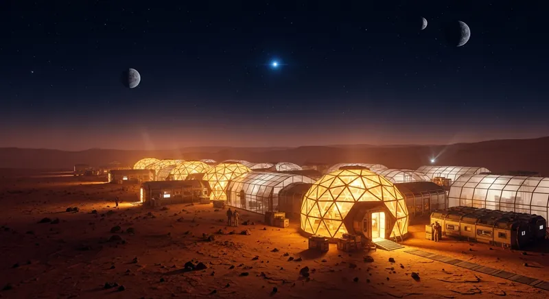 A planned Mars settlement at night, warm light in the habitat domes under the stars